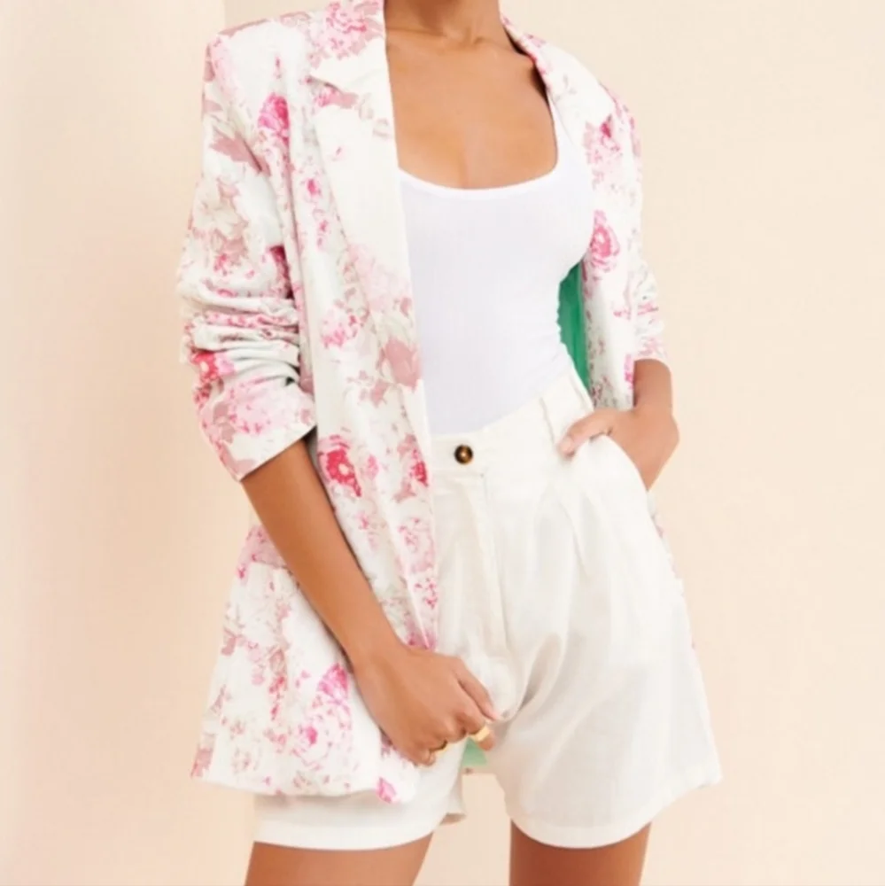 New!For Love And Lemons Weston Denim Floral‎ Women's Blazer - Pink and White